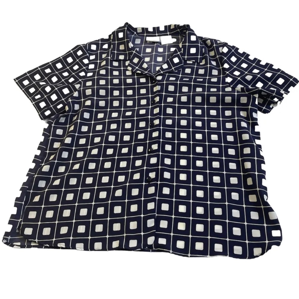 Liz Baker blouse Blue & White short sleeved top size 14P with collar Squares